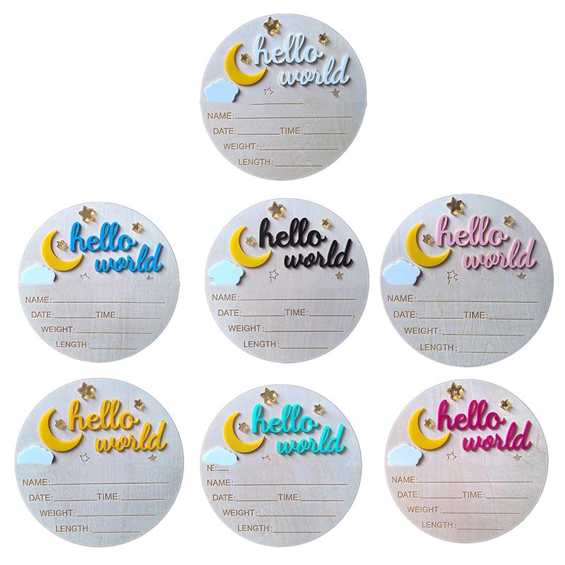 Wooden Hello World Newborn Sign, Cute Birth Announcement Board Baby Announcement