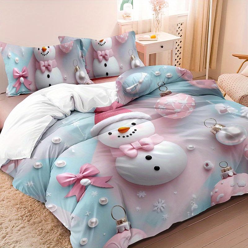 3Pcs Cute Christmas Snowman Bedding Set Christmas Ball Snowman Snowflakes Pattern Duvet Cover Set (1*Duvet Cover + 2*Pillowcase