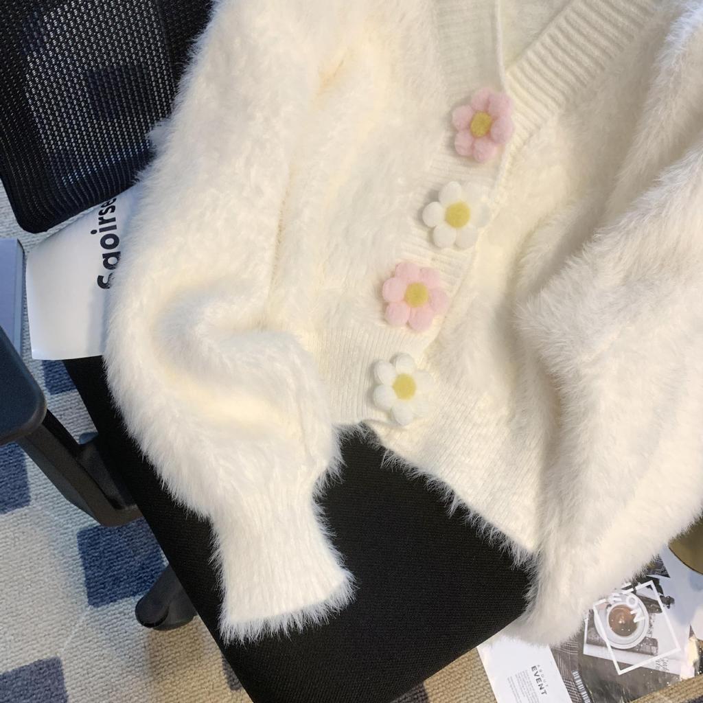 Jarní a podzimní pletený kardigan Imitace norkové fleecové mikiny Sladká barva bonbónu Květinový design Módní Malý invazivní temperament Dámský kabát