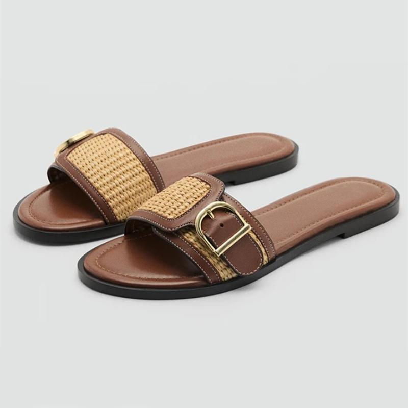 

Fashion Designer Brand Woven Flat Slippers Women Fashion Metal Buckle Decoration Slide Sandal Summer Sexy Open Toe Vacation Beach Sandal 40 шоколадный