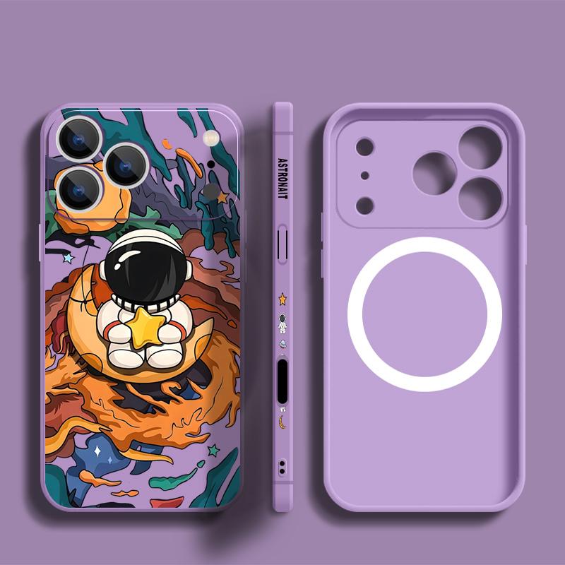 Cartoon Astonaut Planet Pattern Case For iPhone 16 Pro Max Magnetic For Magsafe Soft Cover For iPhone 17 15 14 13 Pro Max 17E 16E