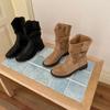 Skinny Low Heel Medium Boots Women's Shoes 2025 Spring and Autumn Single Boots Western Cowboy Pile Short Boots Coarse Heel Martin Boots