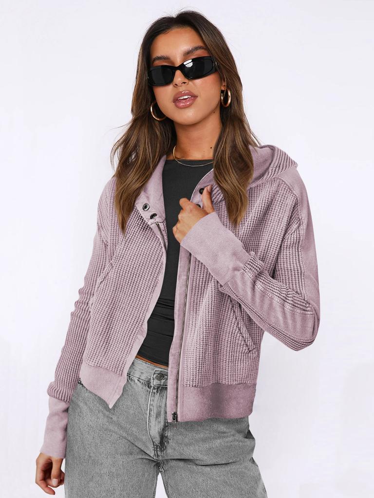 Women's Beige Knit Hooded Zip-Up Jacket with Pockets, Casual Loose Fit Pullover Coat