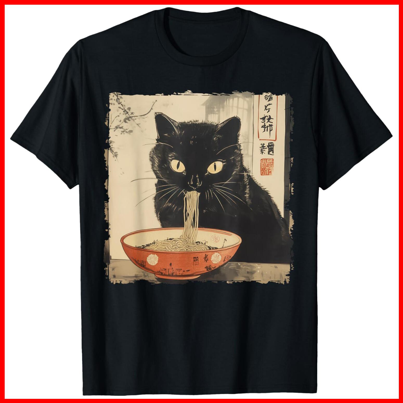 Cat Ramen Noodle Japanese Art Anime Manga Kawaii Cat Black Cotton T-Shirt S-5XL S