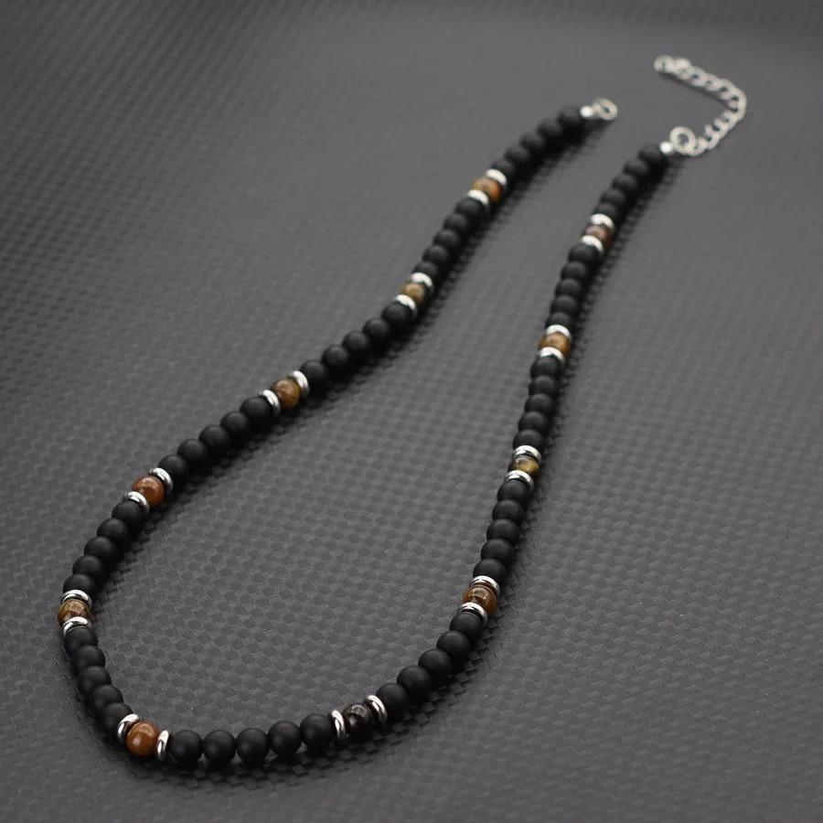 Mode Herr Choker Halsband 19 Tum Rostfritt Stål Spänne 6mm Naturlig Pärlhalsband Tigeröga Lavapärlor Kort Krage Gåva Till Honom