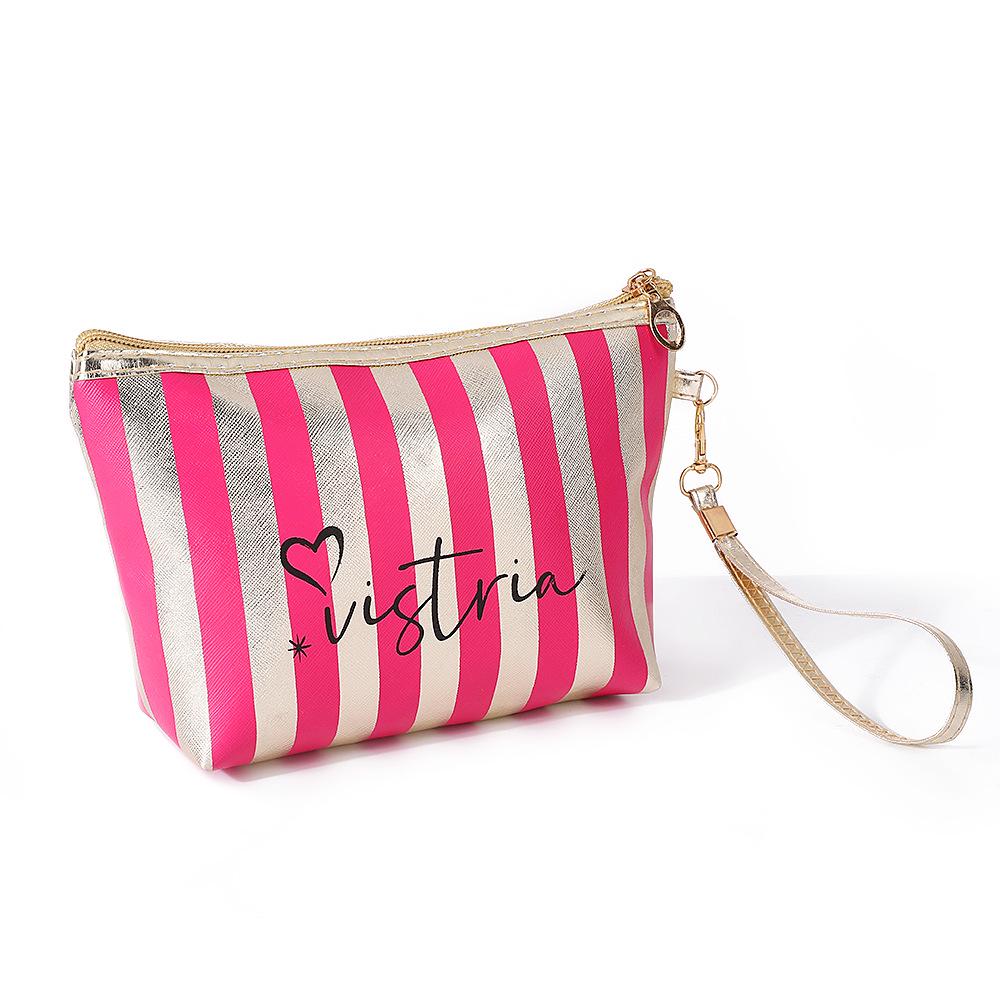 Gestreifte Wasserdichte PU-Leder Kulturtasche - Große Kapazität Handheld Sechseckige Make-up-Aufbewahrung für Damen