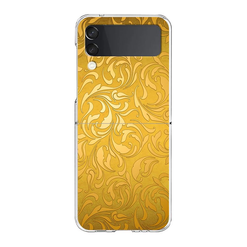 Gold Foil Art Hard PC Phone Case For Samsung Galaxy Z Flip 5 4 3 Transparent Cover For Galaxy Z Flip 6 Foldable Shockproof Cases