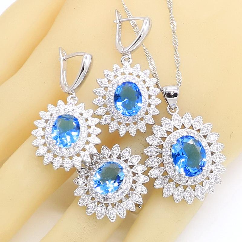 Jewelry Sets For Women Sky Blue Crystal Flower Bracelet Necklace Pendant Earrings Ring Wedding Gift