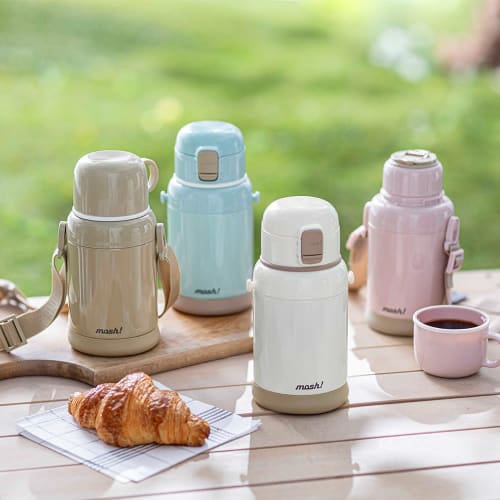 Mosh! Dětská dvouproudová láhev na vodu, Přímé pití, Pití z pohárku, Lehká, Vakuově izolovaná, Udržuje nápoje horké nebo studené, Dětská láhev Latte, 600 ml, Brčko