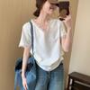 Women's Summer Lace Trim V-Neck Bamboo Cotton T-shirt - Korean Style, Loose-Fit, Age-Reducing Top