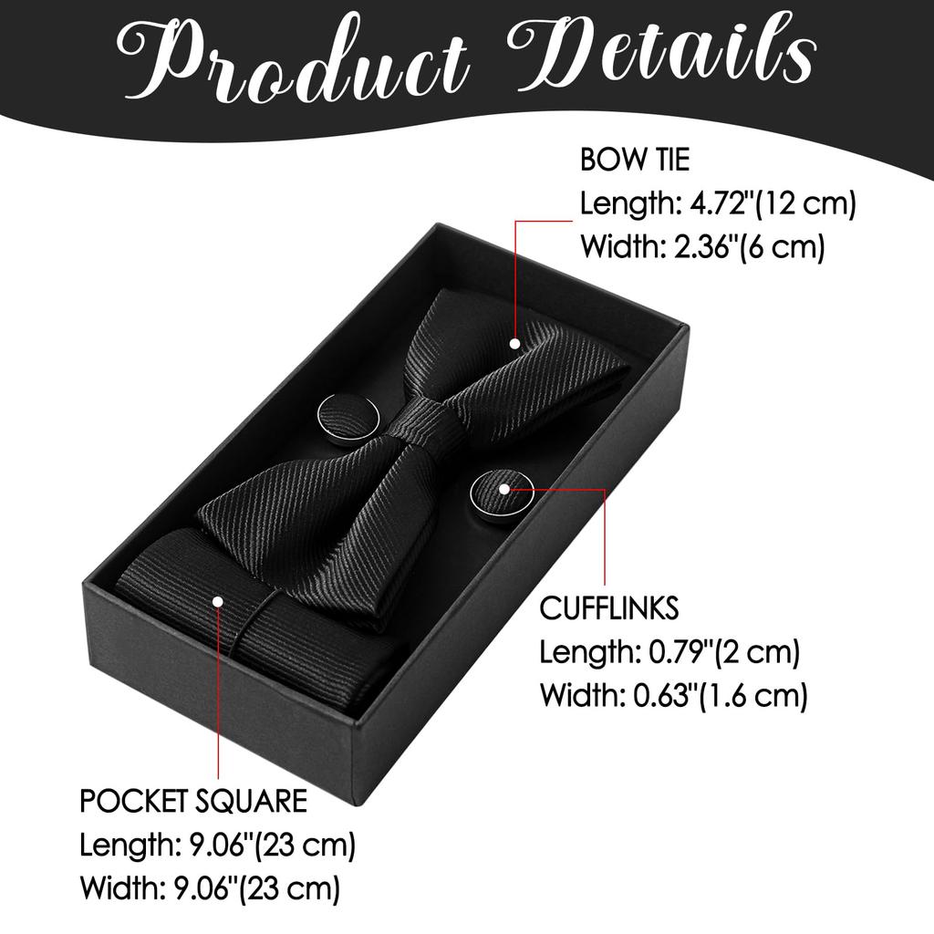 [JEWELRYWE] Bow Tie, Pocket Square, and Cufflinks Set for Men: Formal, Business, Job Interviews, Presentations, Weddings, Anniversaries, Birthdays,