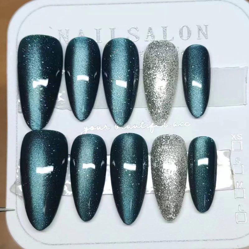 Full HANDMADE Almond Shape Rotating Butterfly Nails Art Black Green Cat Eye Silvery Sparkling Dtars Simplicity Phototherapy Fake Nails Reusable