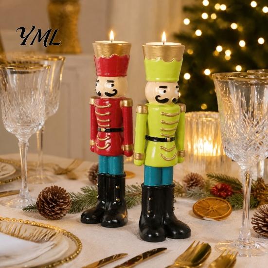 Christmas Gift for Kids Nutcracker Resin Candle Holder, Pastel Soldier Figurine Fireplace Decorations Desk Shelf, Festive Home Tabletop Decor, Holiday