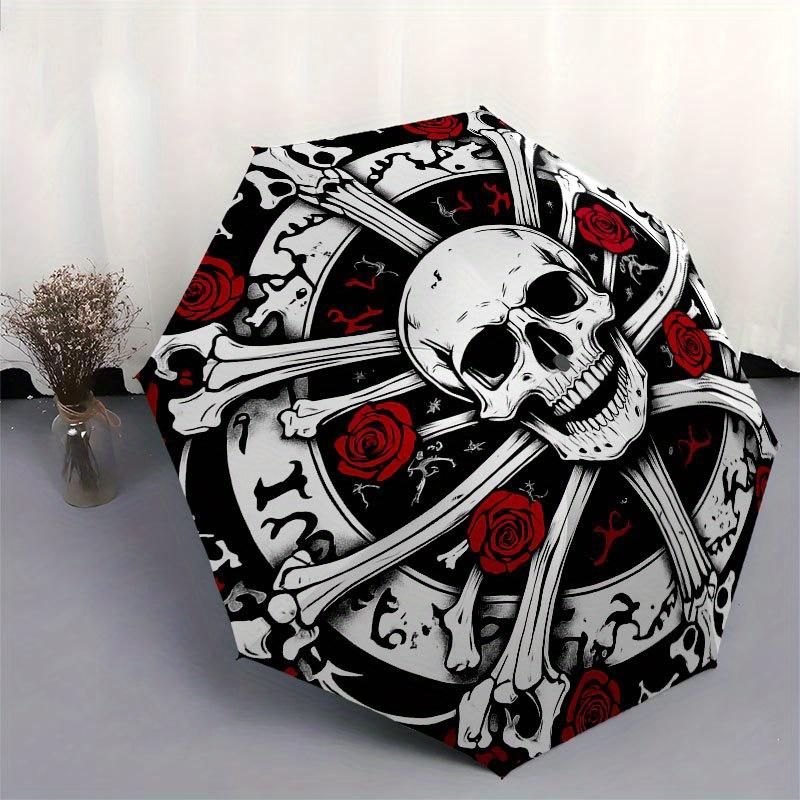 Skull & Roses Crossbones Tattoo Design StickerUmbrella with Cute Design, Portable 3-Fold Compact Umbrella for Men & Women, Valentine's Day Mother's Da