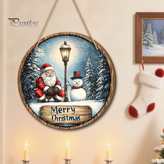 Christmas Gifts for Friends Santa Wooden Round Wall Decor, Vintage Hanging Ornaments, Handcrafted Pine Wood Holiday Signs Sign Door Window Wall,