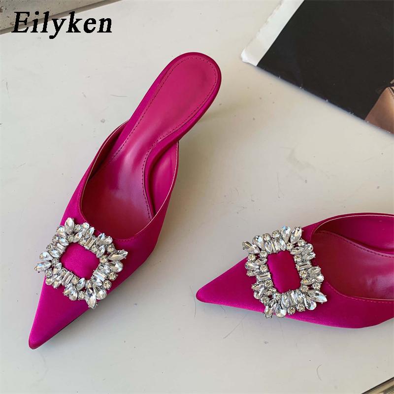 Fashion Eilyken 2025 New Autumn Metal Decoration Crystal Silk Slippers Women Pointed Toe Stripper High Heels 6CM Party Prom Lady Shoes