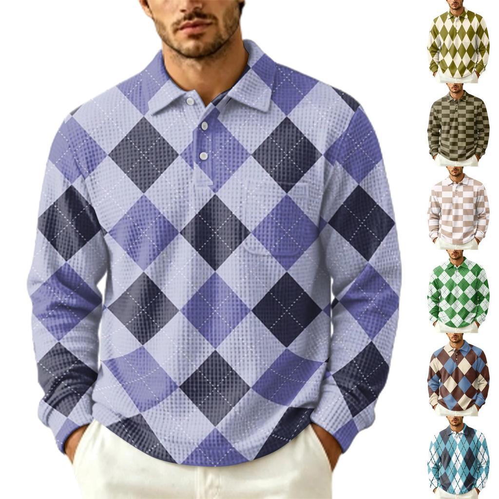 Men's Fall Casual Outdoor Knit Pullover Long Sleeve Collared Top with Pocket, Printed
