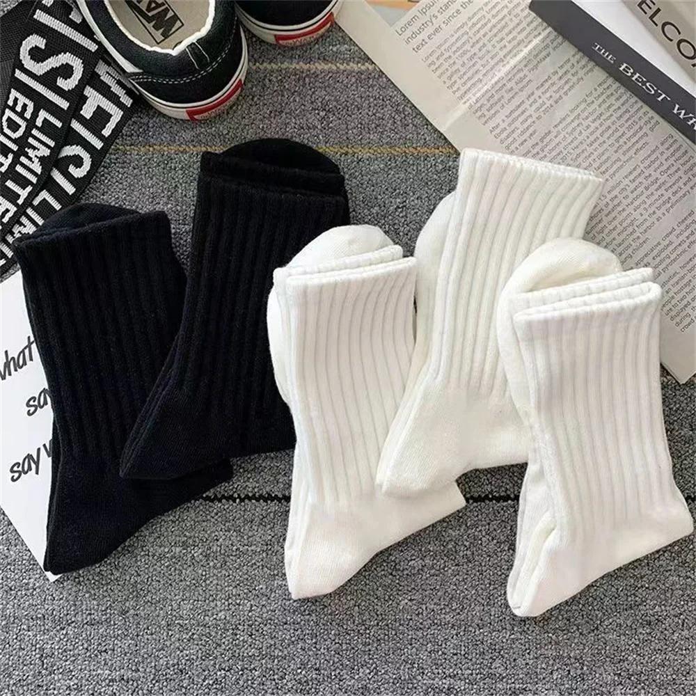 5 Pairs Mid Tube Polyester Cotton Women Socks Pack Set Japanese Fashion Solid Color Girls Vertical Stripes Socks