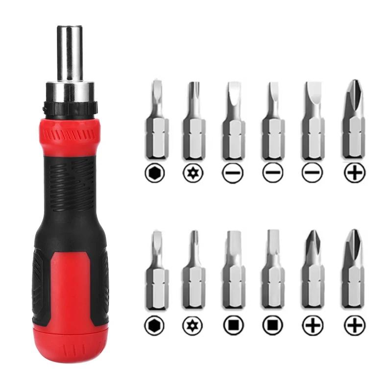 13 In 1 Ratcheting Multi Functional Crewdriver Multi-Bit Magnetic Screw Driver with 12pcs Slotted/Philips/Torx/Square Bits