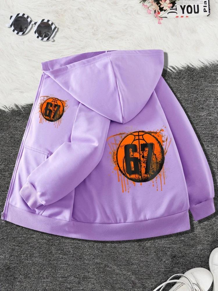 Childrens Zip Hooded Jacket Orange Drip Basketball Hoop Number 67 Graphic Long Sleeve Casual Basketball Lover Street Coat