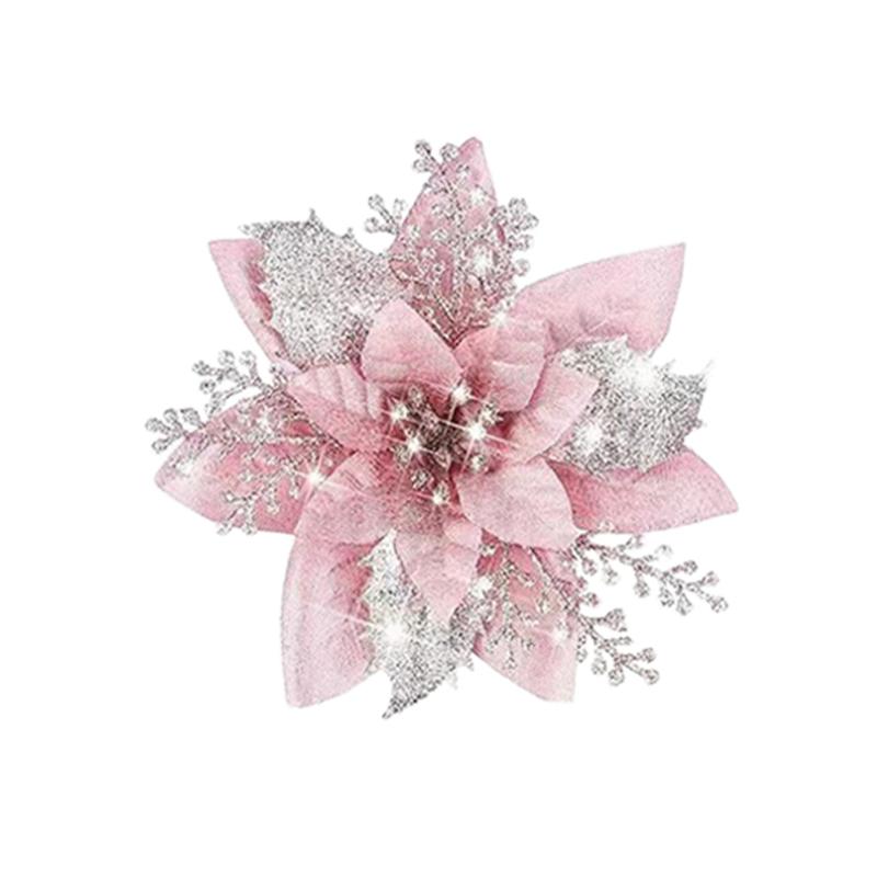 10PCS Poinsettia Christmas Flowers Decoration Artificial Glitter Christmas Tree Ornaments Xmas Party Wreath DIY Garland Decor