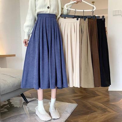 Mode Hohe Taille Gefaltete Rock Frauen Koreanische Elegante College Stil Midi Rock Damen Herbst Winter Dicke A-linie Röcke