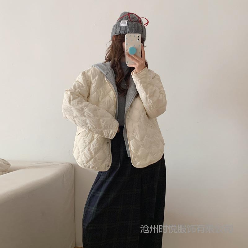 Autumn and winter new loose casual rhombus line jacket fake two-piece detachable splicing hooded cotton jacket