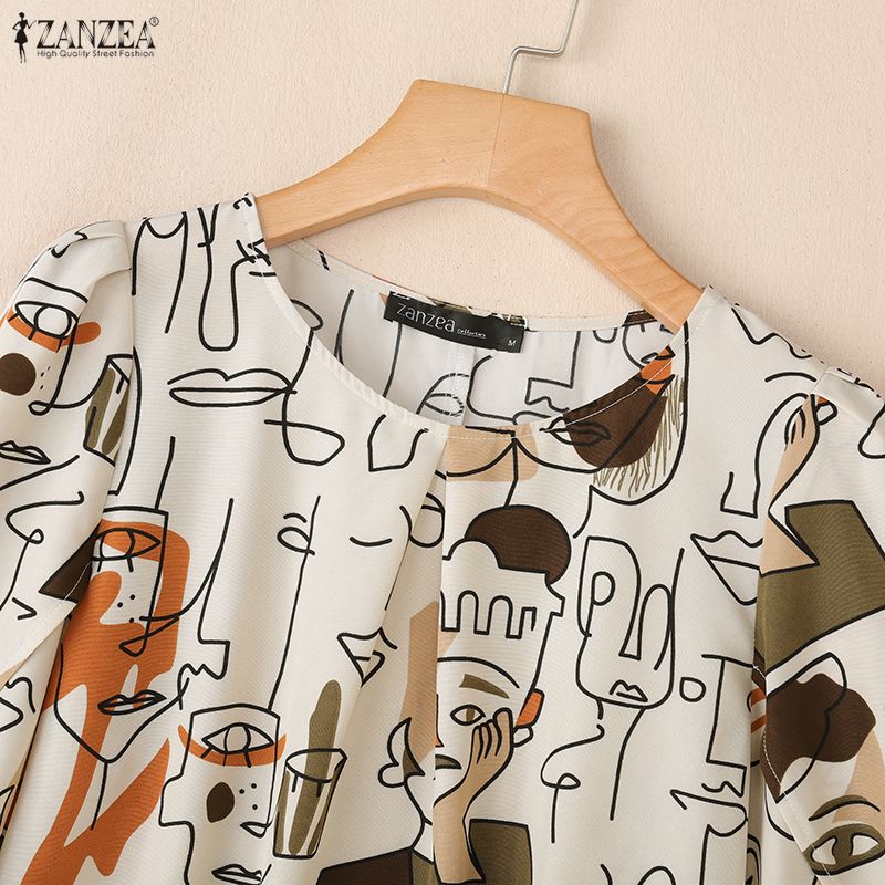 ZANZEA Bluză casual de damă cu gât rotund, mânecă scurtă, largă, cu imprimeu