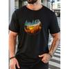 Men's Short Sleeve T-Shirt with Green Pine Tree & Mountain Forest Print - Casual Round Neck Summer Outdoor Camping Shirt