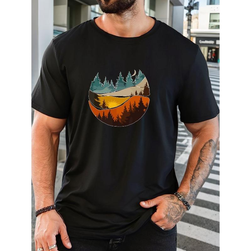 Men's Short Sleeve T-Shirt with Green Pine Tree & Mountain Forest Print - Casual Round Neck Summer Outdoor Camping Shirt