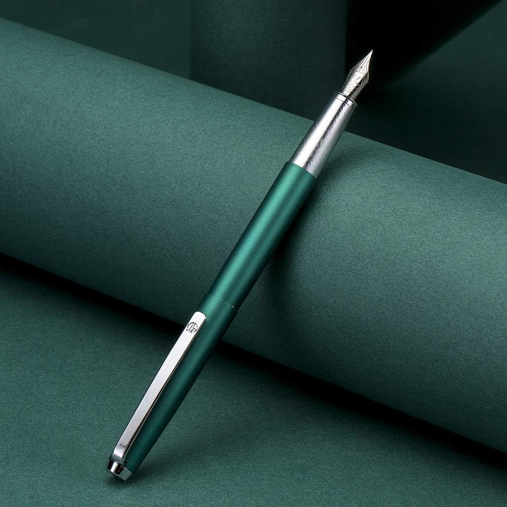 HongDian 525 Green Metal Fountain Pen, Extra Fine Nib Classic Pen, Includes Metal Pen Case and Refillable Converter