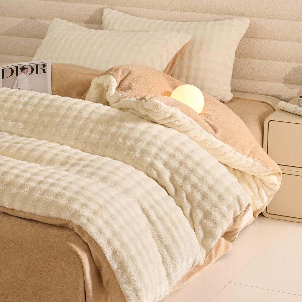 2025 New Winter Faux Rabbit Fur & Milk Velvet Flannel Bedding Set: Thickened, Warm, 4-Piece, Includes Fitted Sheet