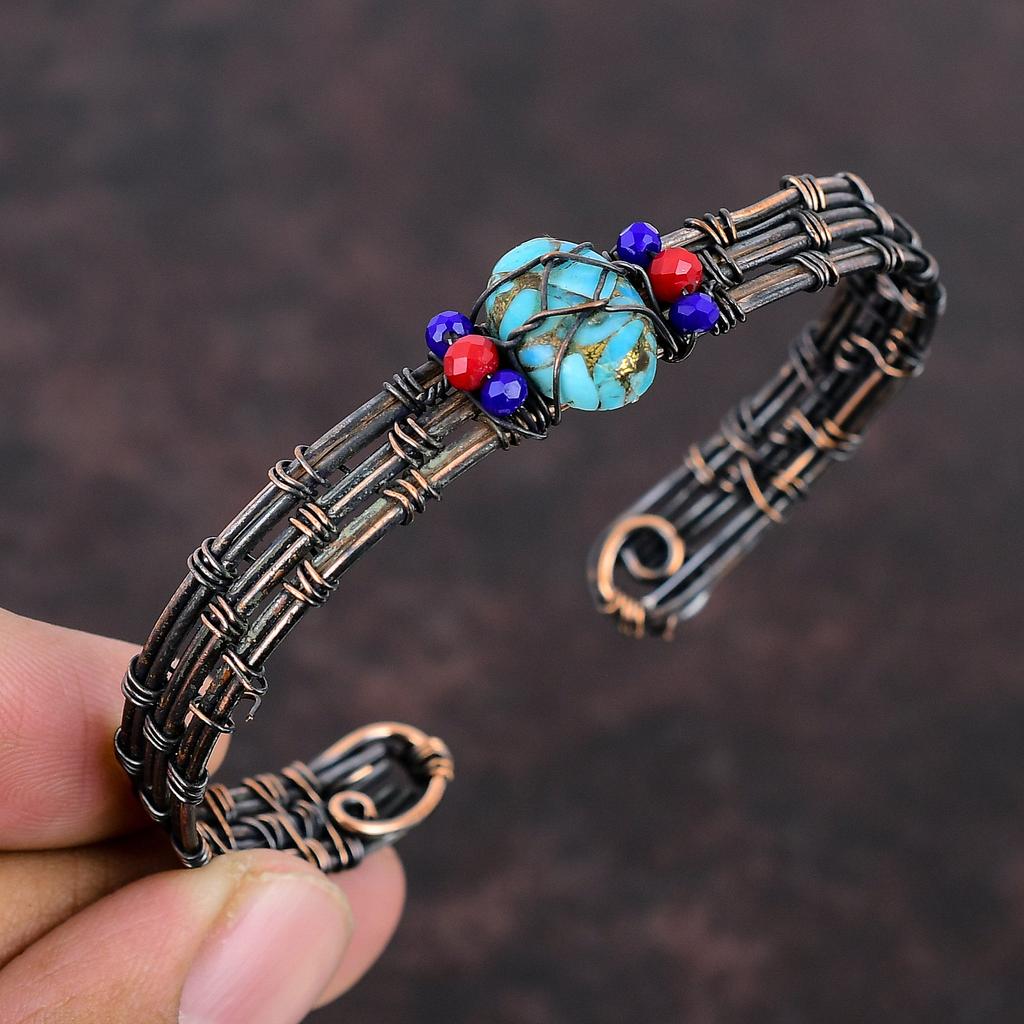Copper Blue Turquoise Cuff Bracelet Lapis Lazuli & Red Coral Beads Bangle Copper Wire Wrapped Jewelry Adjustable Cuff Bangle Gemstone Bangle