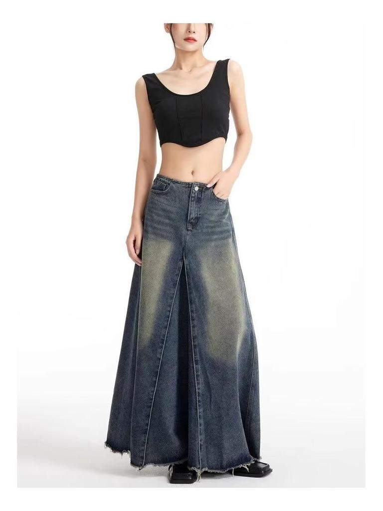 Women's Retro High-Waisted Denim A-Line Skirt - Summer, Washed Blue, Knee-Length