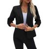 Women's Three-Quarter Sleeve Blazer, Notched Lapel Belted Waist Office Jacket with Button Front, Black Business Casual Coat for Commute Wear