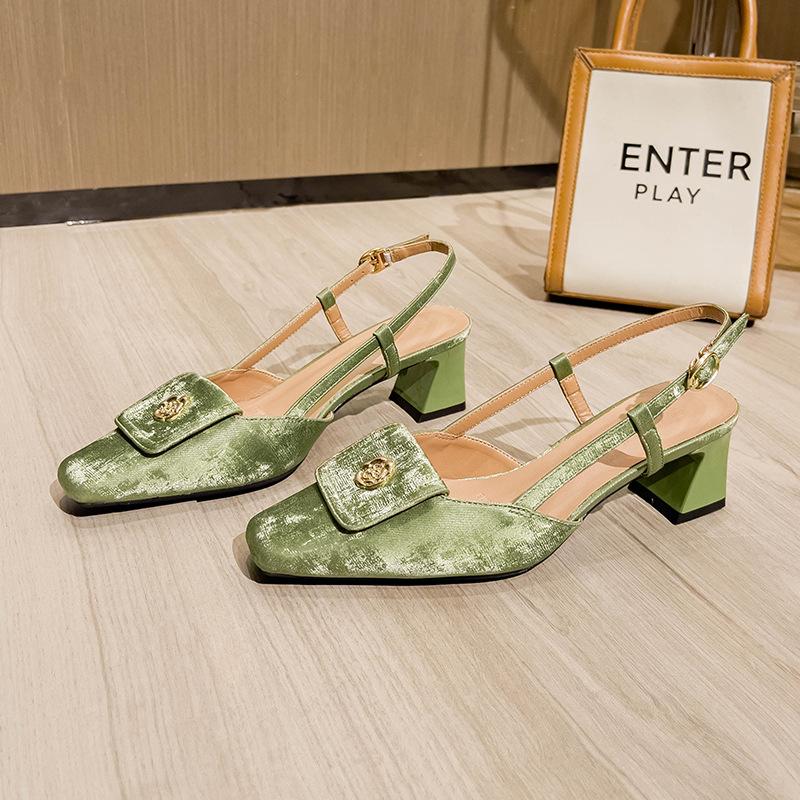 French Bag Head Sandals Women's Summer Square Head Rear Empty Single Shoes 2025 New Silver One-word Buckle with Thick Heels High Heels