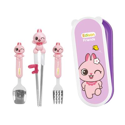 Edison Friends Babylöffel Gabel Korrigierte Essstäbchen Set mit 4 Rechtshänder, Rosa, Essstäbchen + Löffel + Gabel + Etui, Koreanisches beliebtes Geschirr