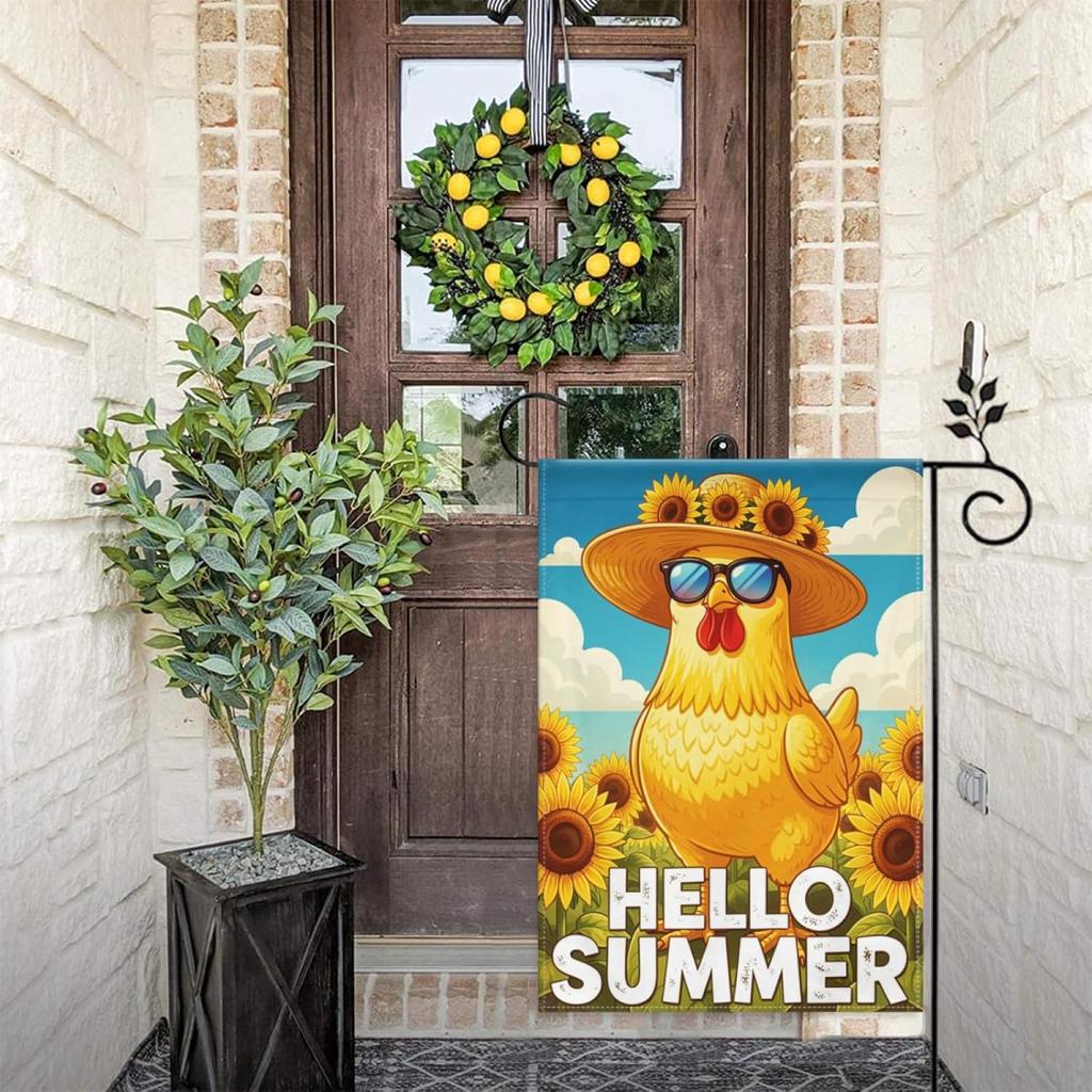 Hello Summer Chicken Garden Flag 12x18 Inch Double Sided – Funny Cool Rooster with Sunglasses & Sunflower Yard Decoratio