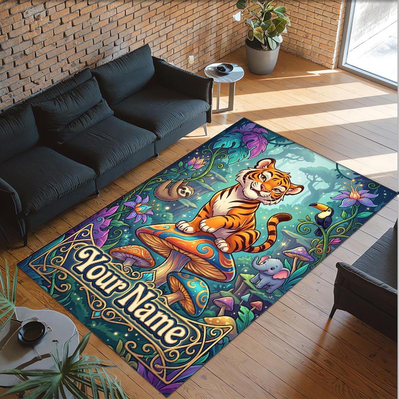 Leopard Theme Crystal Velvet Floor Rug Personalized Custom Name Text Warm Carpet Home Decoration