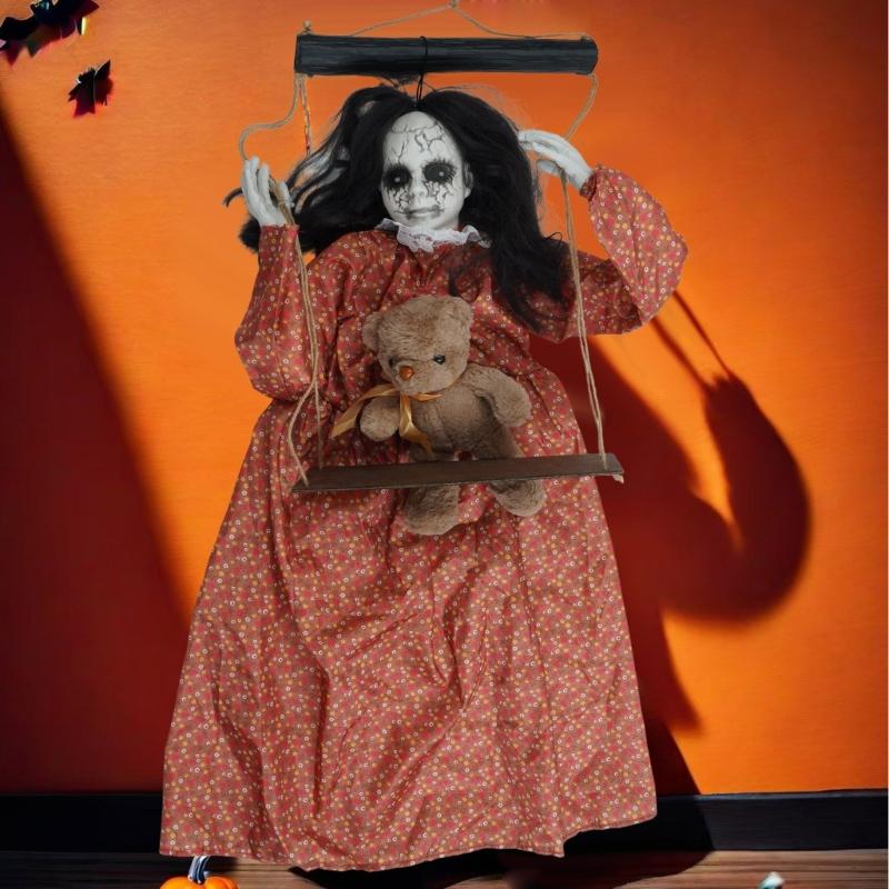 Decoraciones de Halloween Aterradoras Muñeca Fantasmal Oscilante Activada por Sonido con Ojo Luminoso para Jardín Patio Interior y Exterior