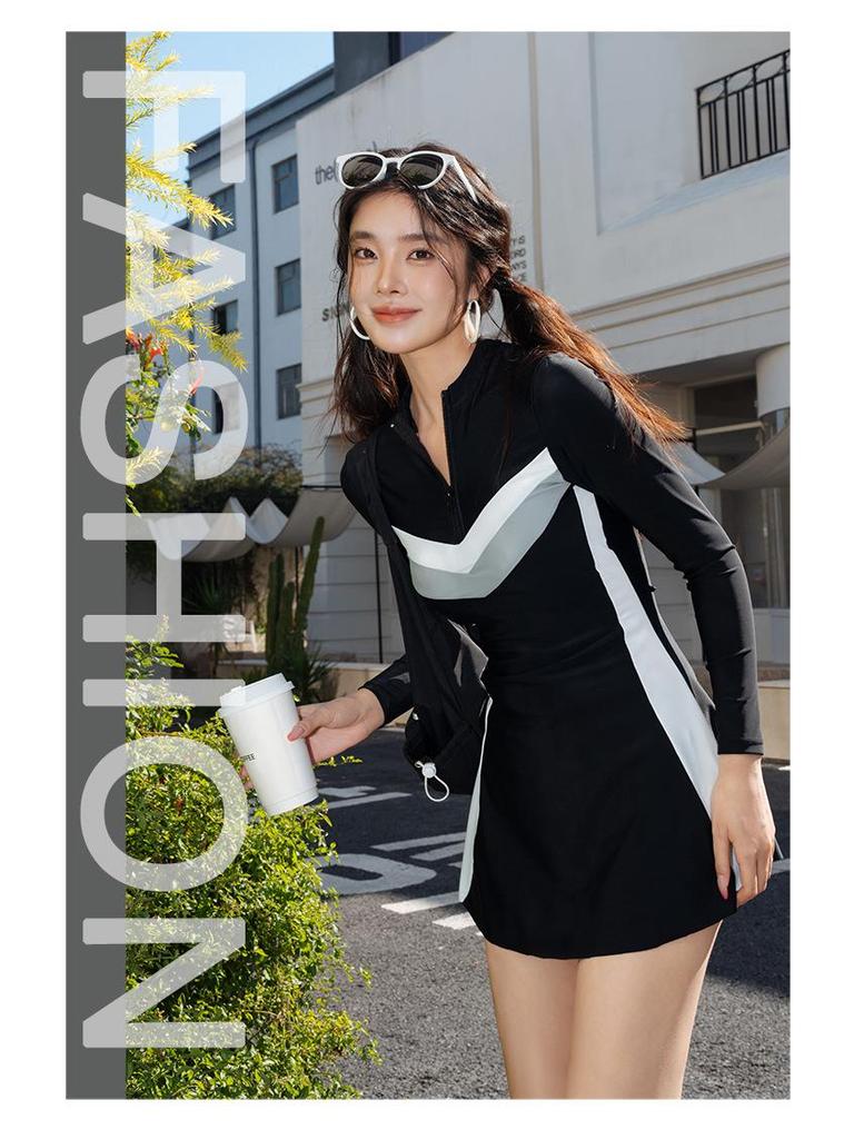 2026 Women's Sun Protection Two-Piece Long Sleeve Swimsuit - Slimming Skirt Style for a Conservative Look
