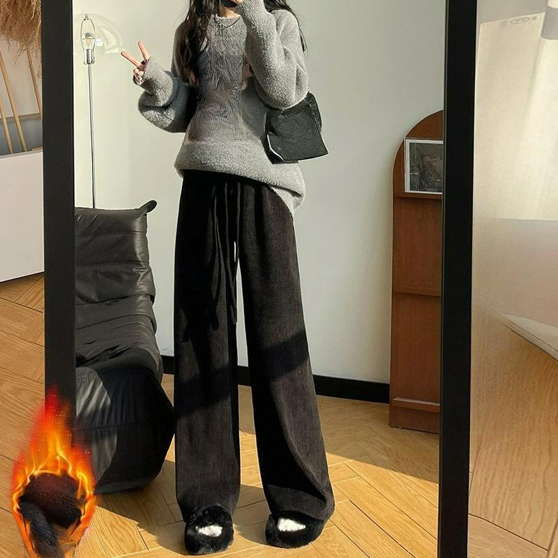 Spodnie damskie w jodełkę z szerokimi nogawkami na jesień i zimę, spodnie pluszowe są cienkie, luźne, codzienne, z wysokim stanem, z prostymi nogawkami