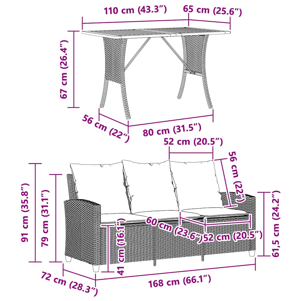 3 Seater Garden Sofa with Cushions & Table Grey Poly Rattan