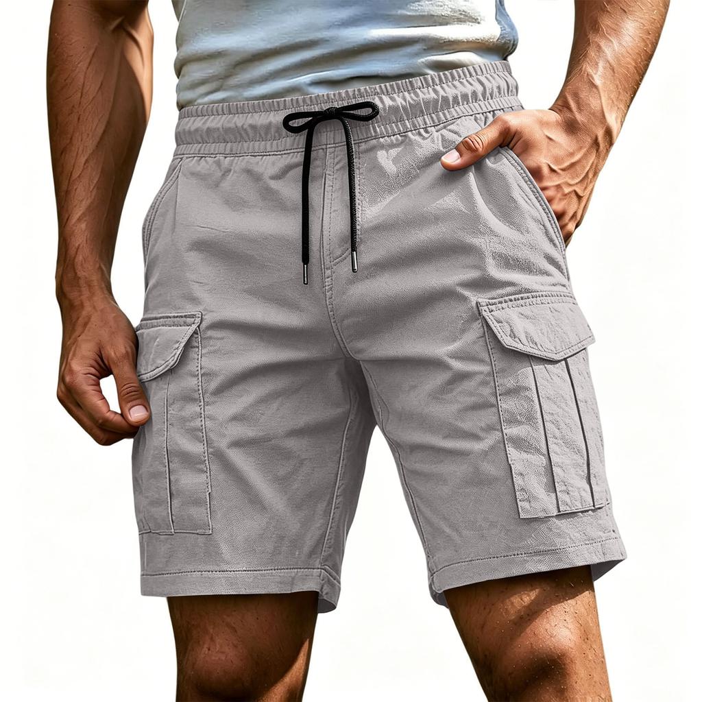 Men's Casual Cargo Shorts Elastic Drawstring Waist Multi-Pocket Summer Quick Dry Workout Solid Color Beach Short Pants