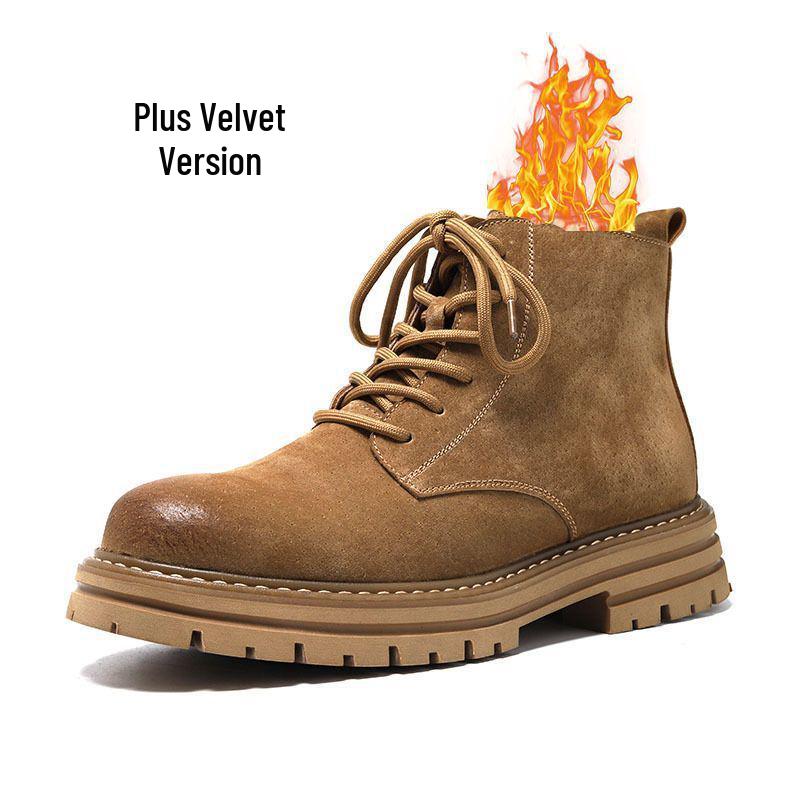 Men's Genuine Leather High-Top Martin Boots: Winter, Velvet-Lined, British Retro Style in Big Yellow, Versatile and Casual Workwear.