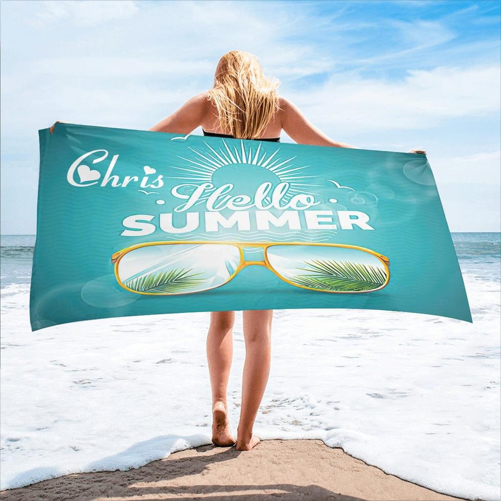 Custom Name Beach Towel Personalized Seaside Summer Beach Print Bath Towel for Kids Women Men Bath Towels for Travel Camp Swim