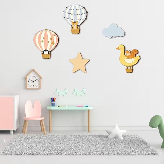 5 Pcs Hot Air Balloon Wall Art with Star Cloud Cartoon Animal Wooden Balloon Nursery Decor Boho Wall Sculpture for Living Room Bedroom Playroom