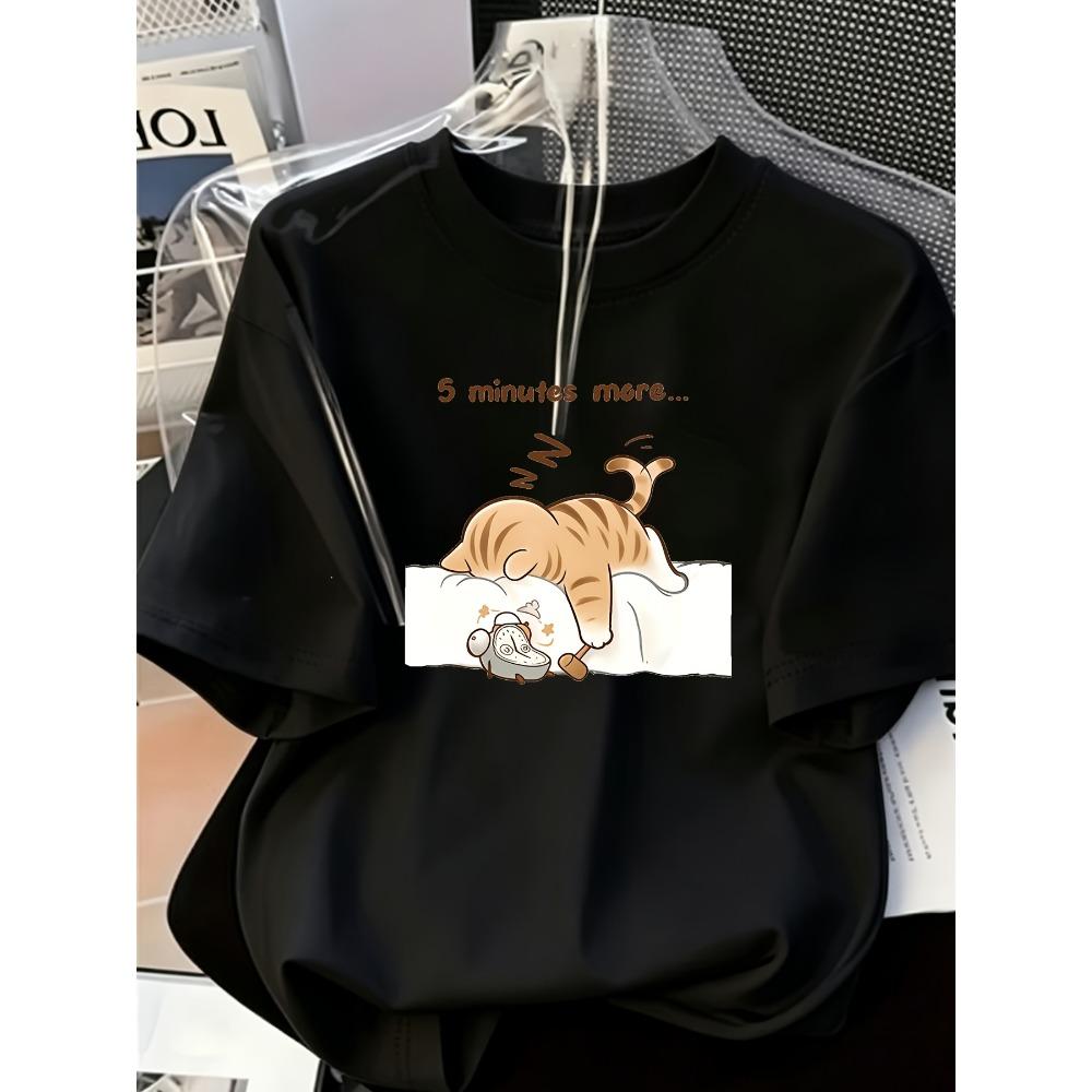 Ladies' Summer Round Neck Short Sleeved T-shirt with "Sleeping Cat" English Letter Print, Fashionable Street Style Casual Top