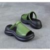 Johnature Genuine Leather Retro Thick Soled Peep Toe Outdoor Slippers Versatile Women's Slip-on Shoes