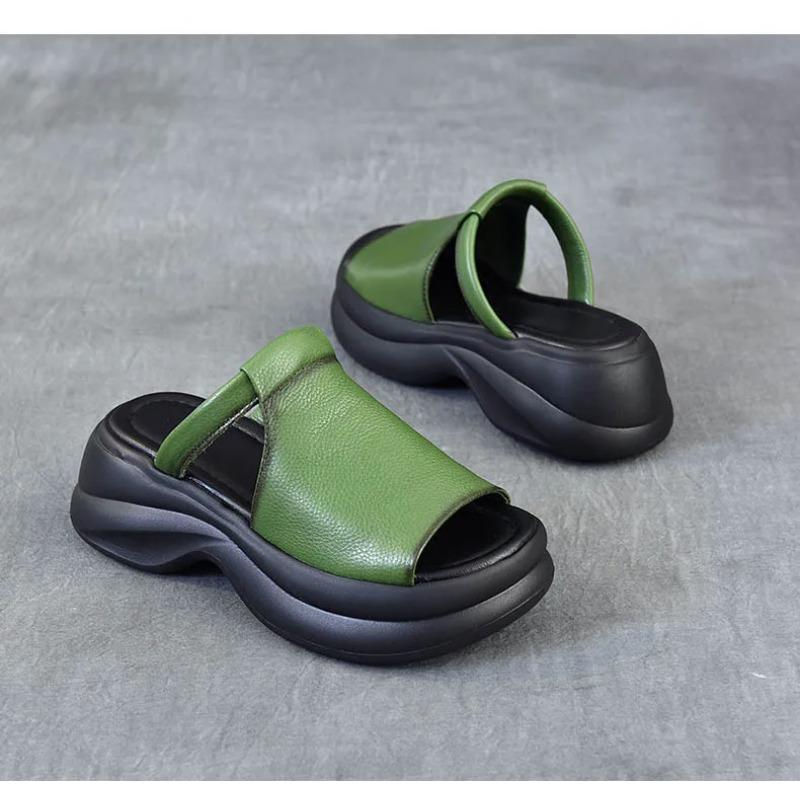 Johnature Genuine Leather Retro Thick Soled Peep Toe Outdoor Slippers Versatile Women's Slip-on Shoes